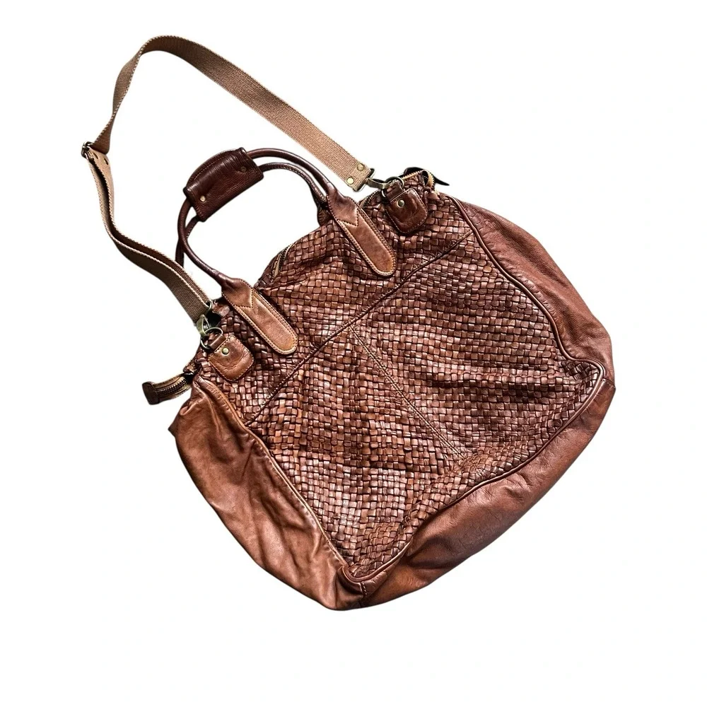 Bruno Magli Brown Woven Leather Duffle Satchel Travel Bag Made Italy Y2K